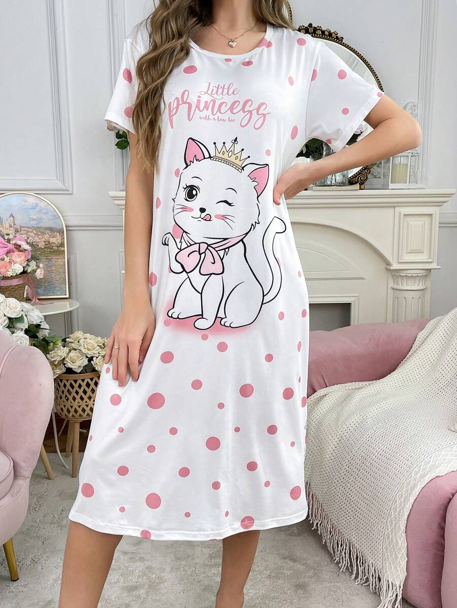 Shein - Women's Cute Cat & Polka Dot Letter Print Sleepwear Dress