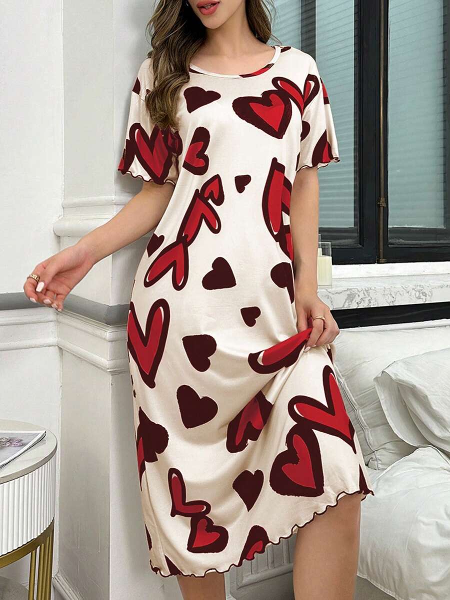 Shein - Heart Print Round Neck Casual Versatile Short Sleeve Nightgown