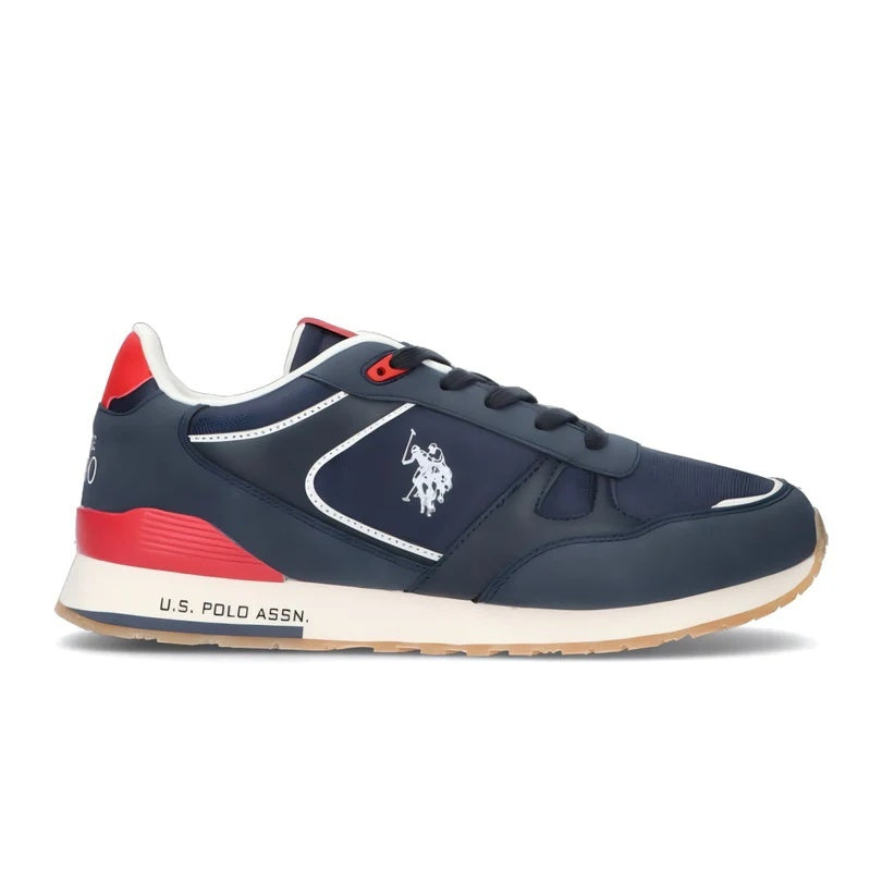 Navy blue sneaker with red accents and U.S. Polo Assn. logo on a white background