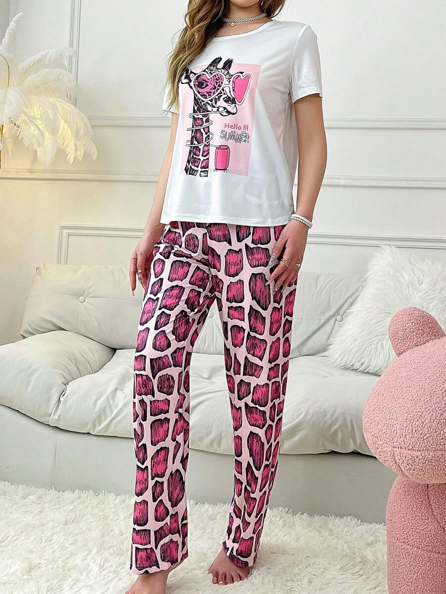 Shein - Short Sleeve And Long Pants Pajama Set With Cute Giraffe Print