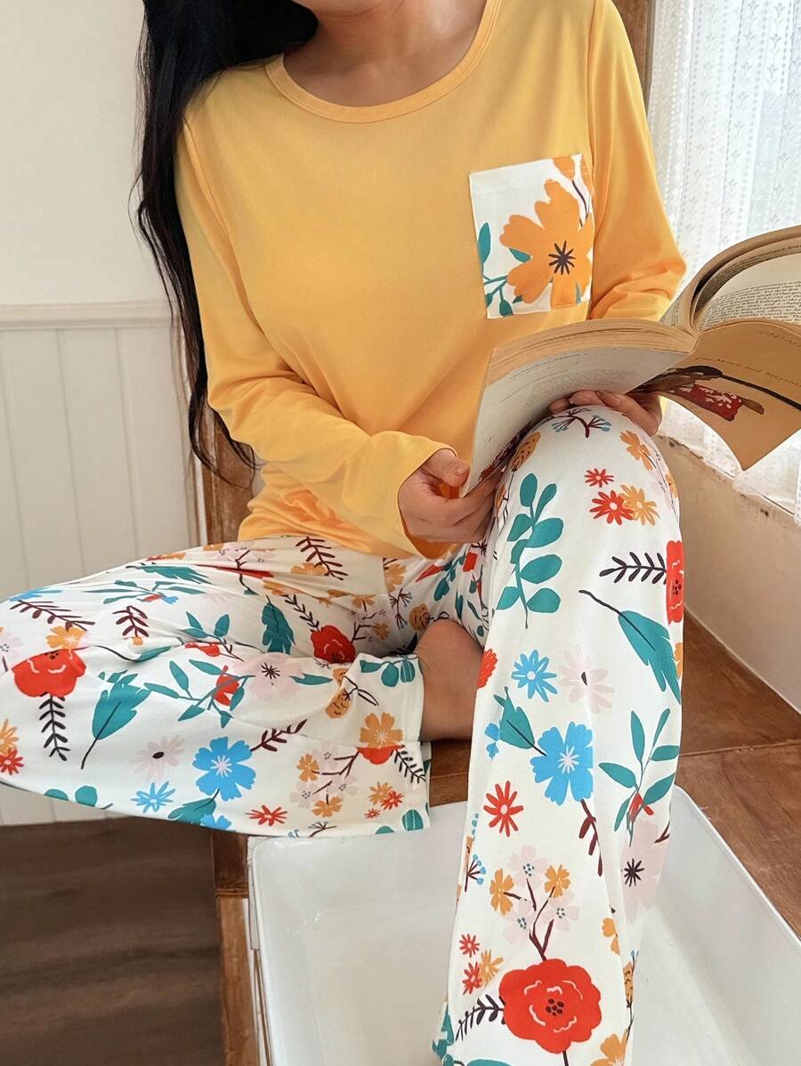 Shein - Women Floral Plant Printed Round Neck Short Sleeve Top And Pants Pajama Set, Fall Clothes