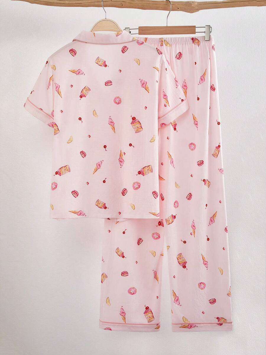 Shein - Faux Silk Cake & Ice Cream Printed Lapel Short Sleeve Pajama Set