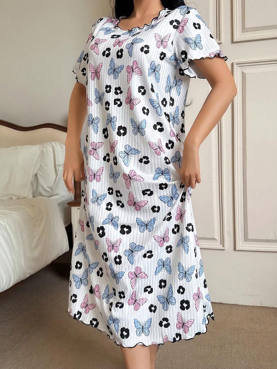 Shein - Fully Allover Print Butterfly Rib-Knit Loose Short Sleeve Nightgown