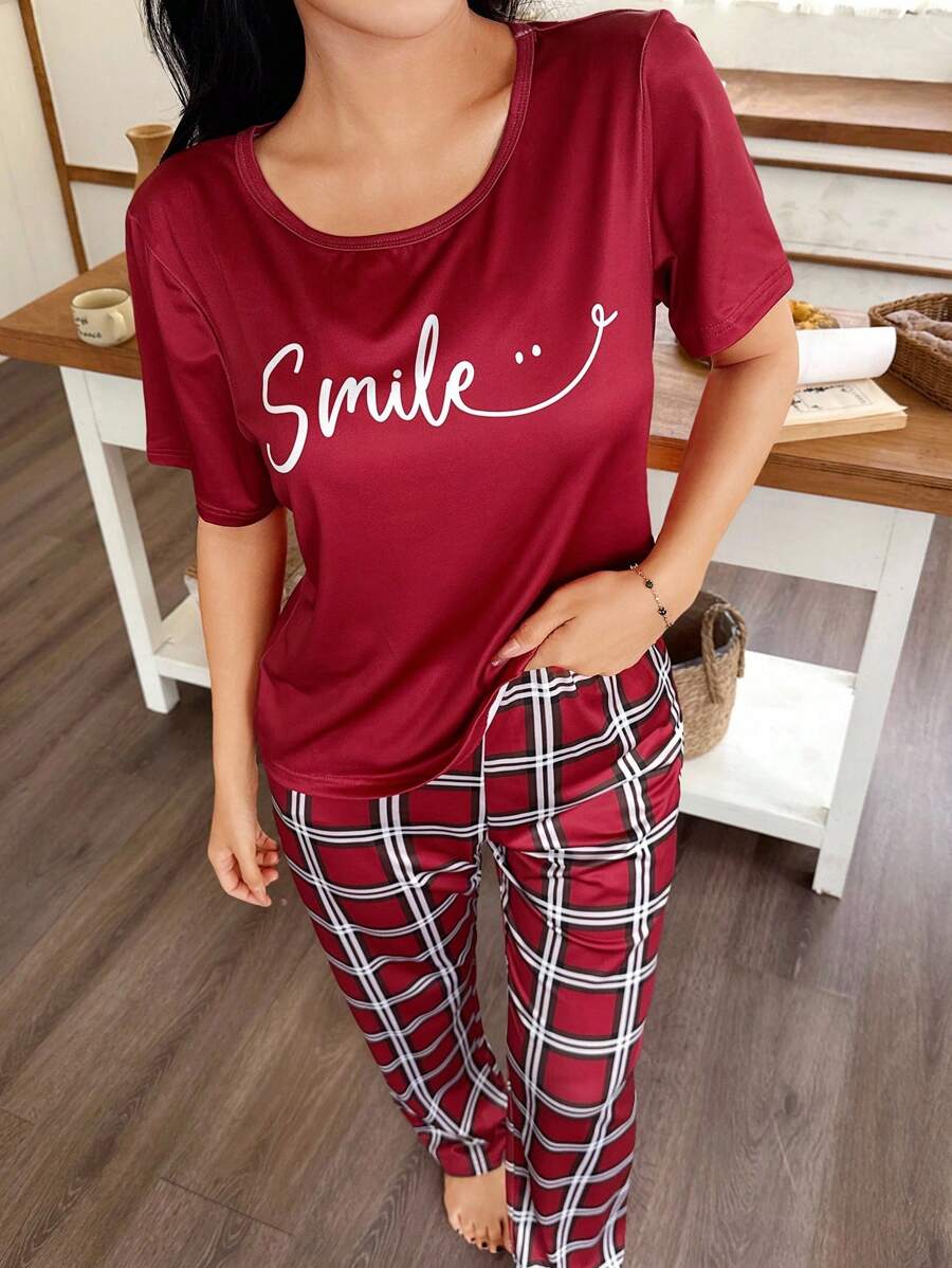 Shein - CoupledUp Plaid Print Color Block English Letter Casual Women Pajama Sets