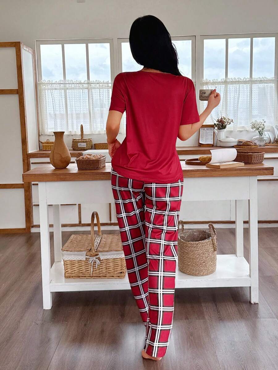 Shein - CoupledUp Plaid Print Color Block English Letter Casual Women Pajama Sets