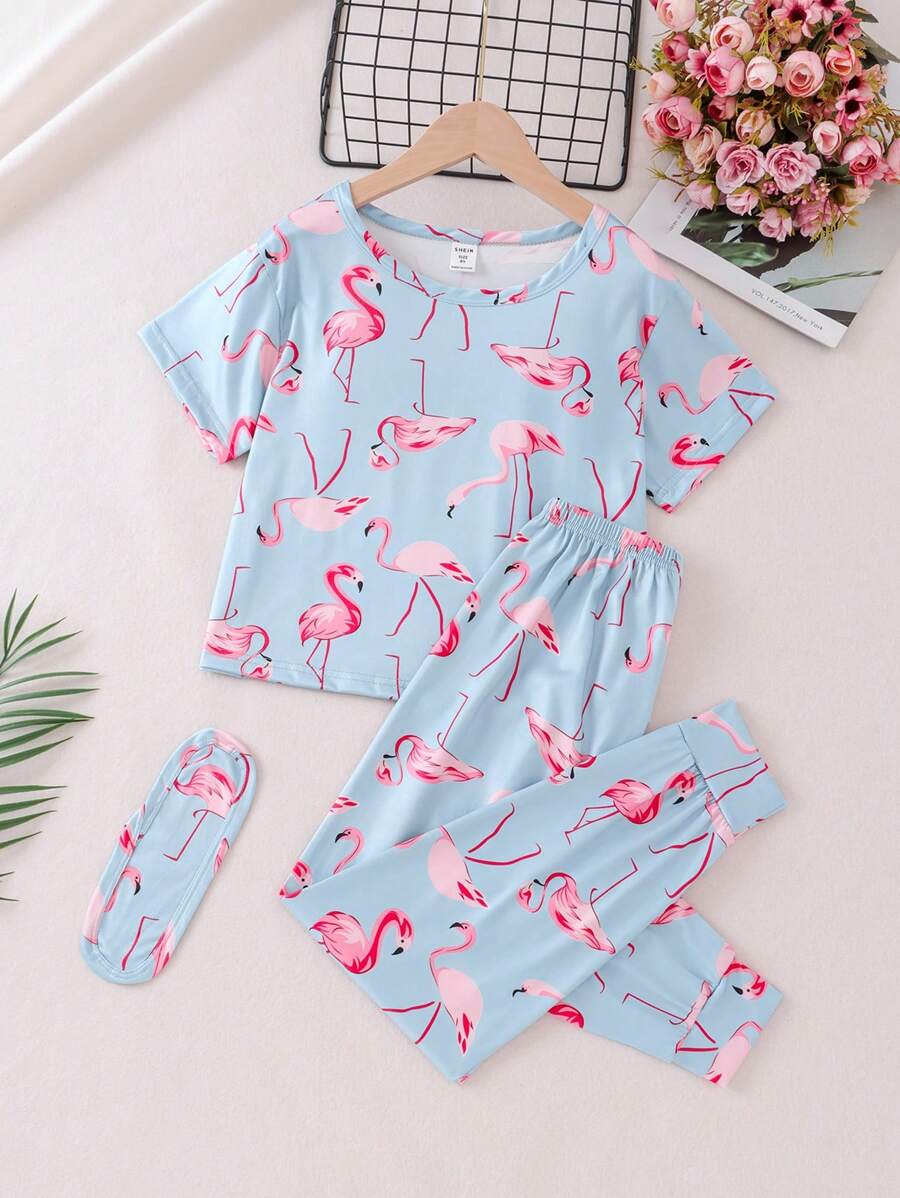 Shein - Tween Girl Casual 2pcs/Set Short Sleeve Round Neck T-Shirt And Long Pants, Flamingo Pattern