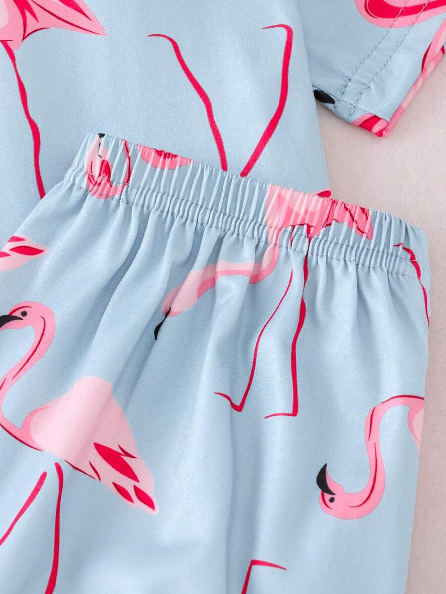 Shein - Tween Girl Casual 2pcs/Set Short Sleeve Round Neck T-Shirt And Long Pants, Flamingo Pattern
