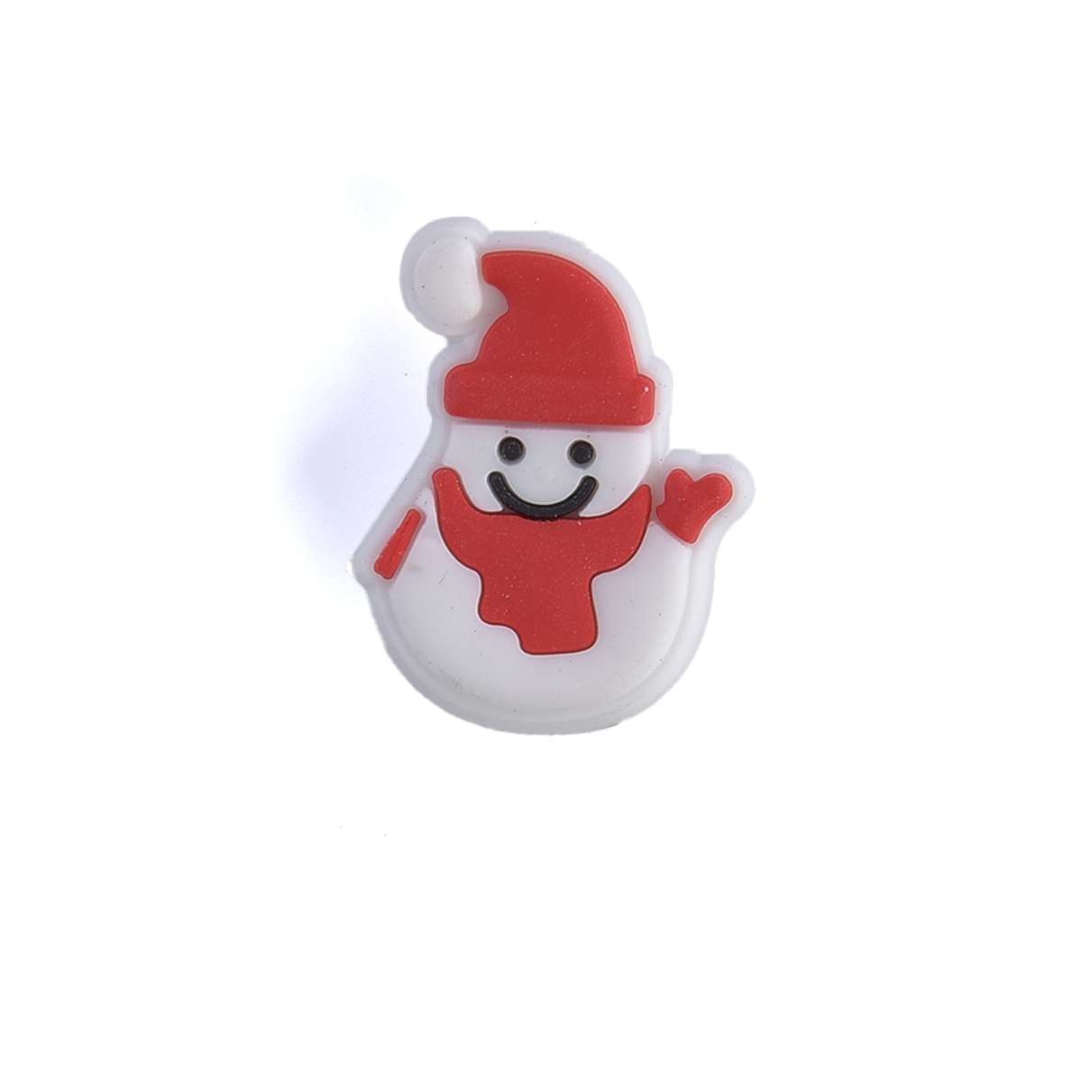 White snowman-shaped object with a red hat and scarf on a white background