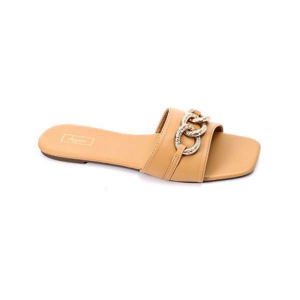 Dejavu Open Leather Slipper With Gold Chains