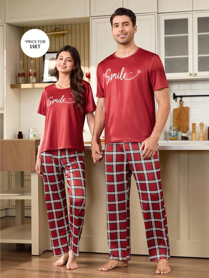 Couples Casual Plaid Contrast Color Cute Red Men Pajama Set