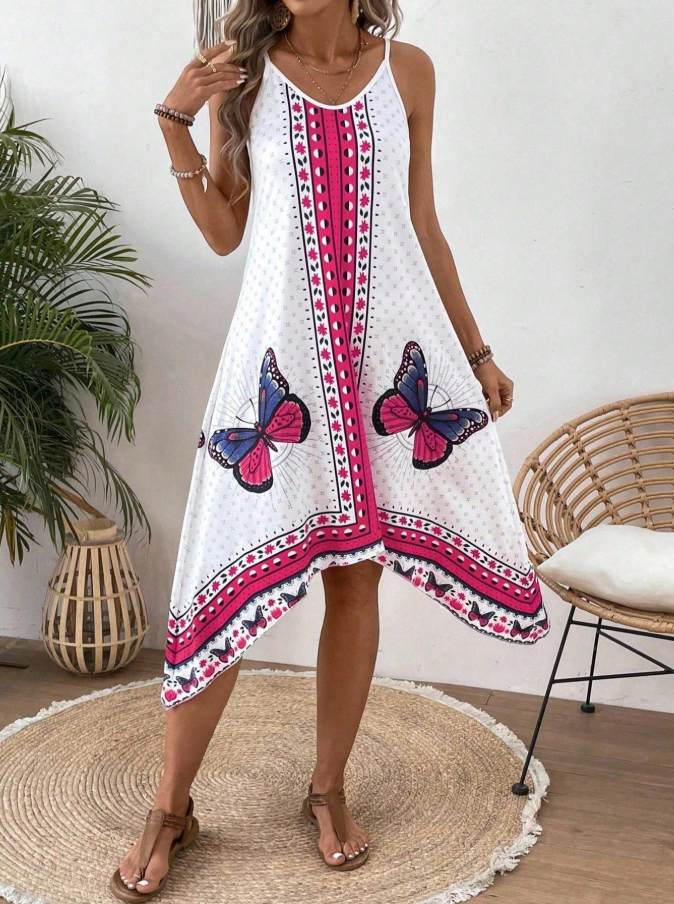 Breezaya Women's Butterfly Print Asymmetrical Hem Vacation Dress Vacation Beach Outfit