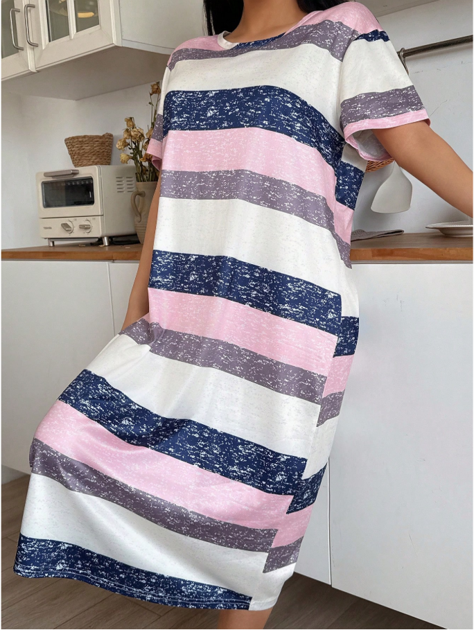 SHEIN-Women Round Neck Casual Colorful Striped Short Sleeve Sleepwear