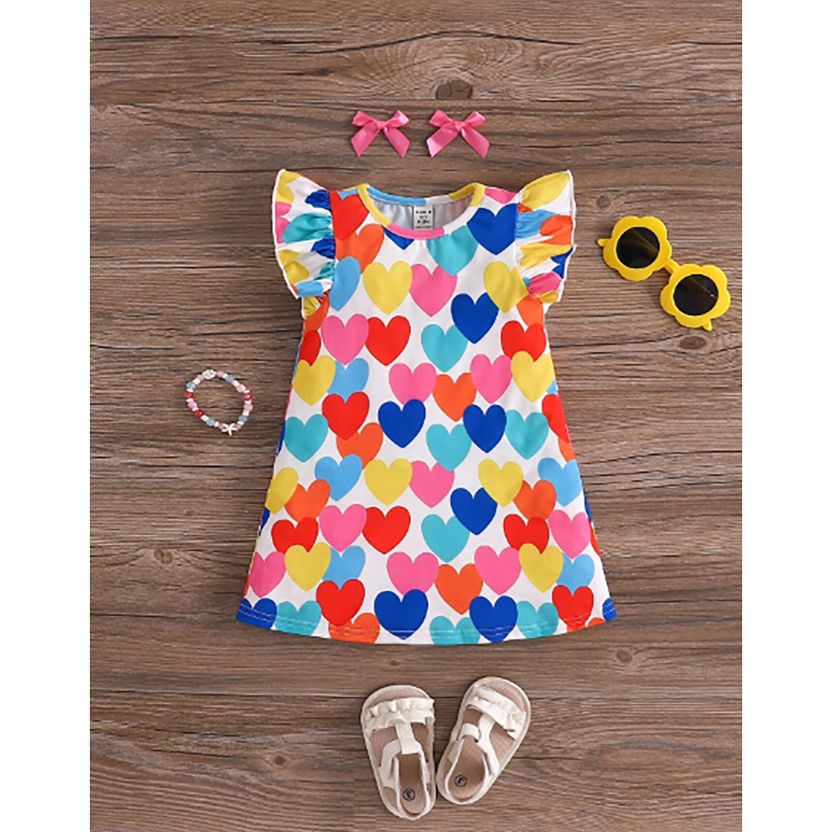 R-Shein - Infant girls' summer dress with collar sleeves and stretch fabric featuring an attractive colorful pattern