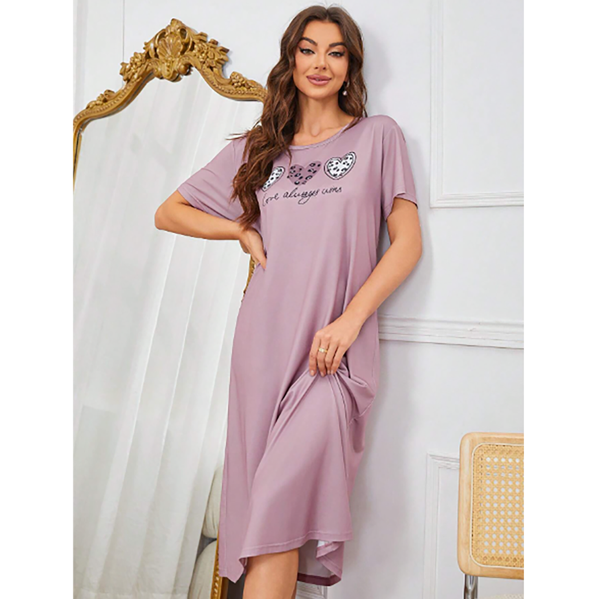 R-Shein - Women's Sleepwear/Pajama Dress, Heart Pattern, Hand-painted Leopard Print, Round Neck, Short Sleeve