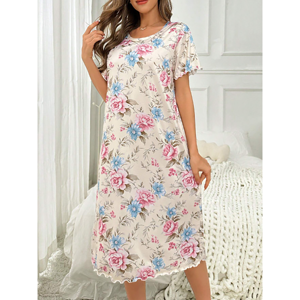 R-Shein - Floral print crew neck short sleeve pajama nightgown