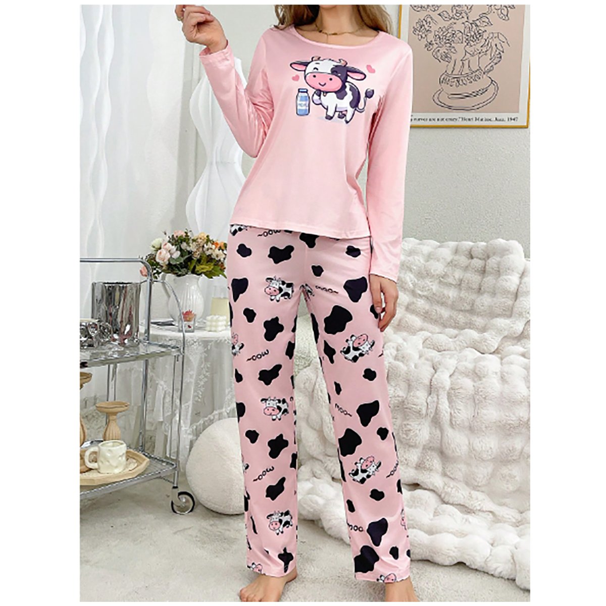 R-Shein - Women's Cute Cow Pattern Matching Jacket and Pants Pajama Set, Long Sleeve, Autumn