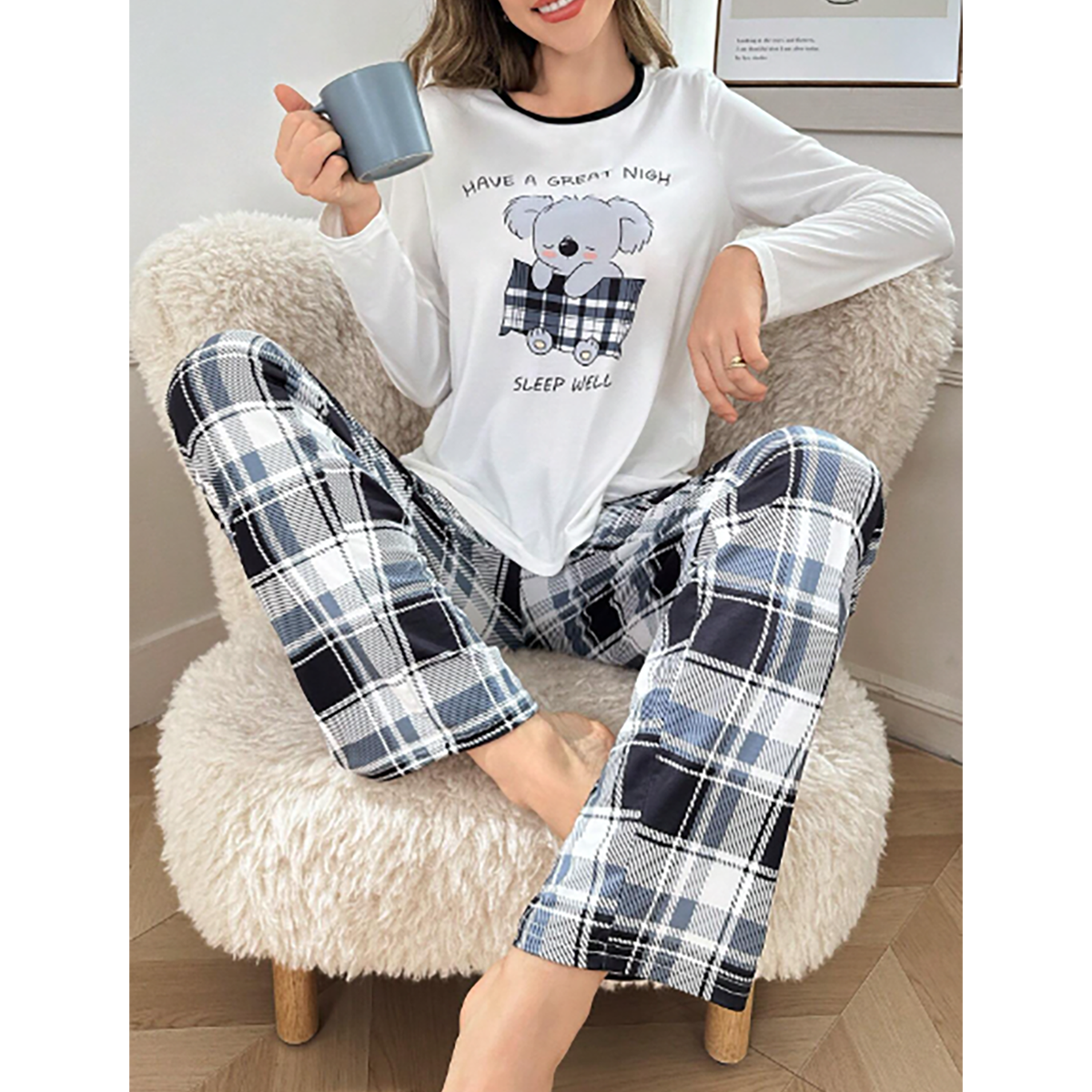 R-Shein - Koala Print Long Sleeve Pajama Set: Black White Checkered Top and Pants, 2 Pieces