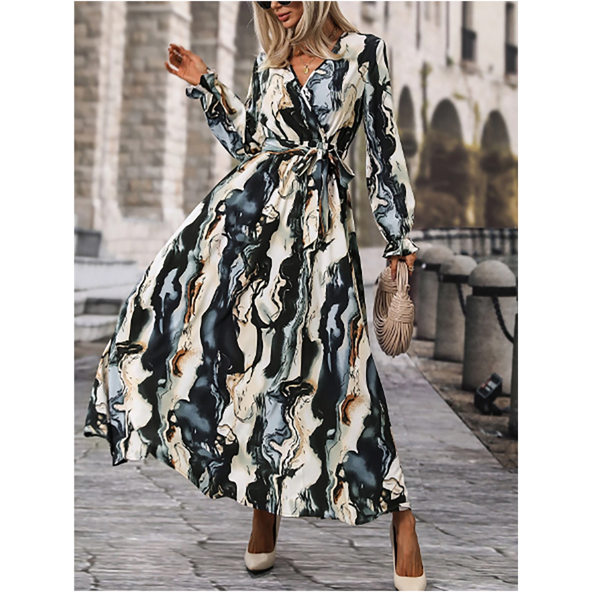 R-Shein - Maxi dress in all-over print pattern, ruffle sleeves, knotted waist and shape skirt