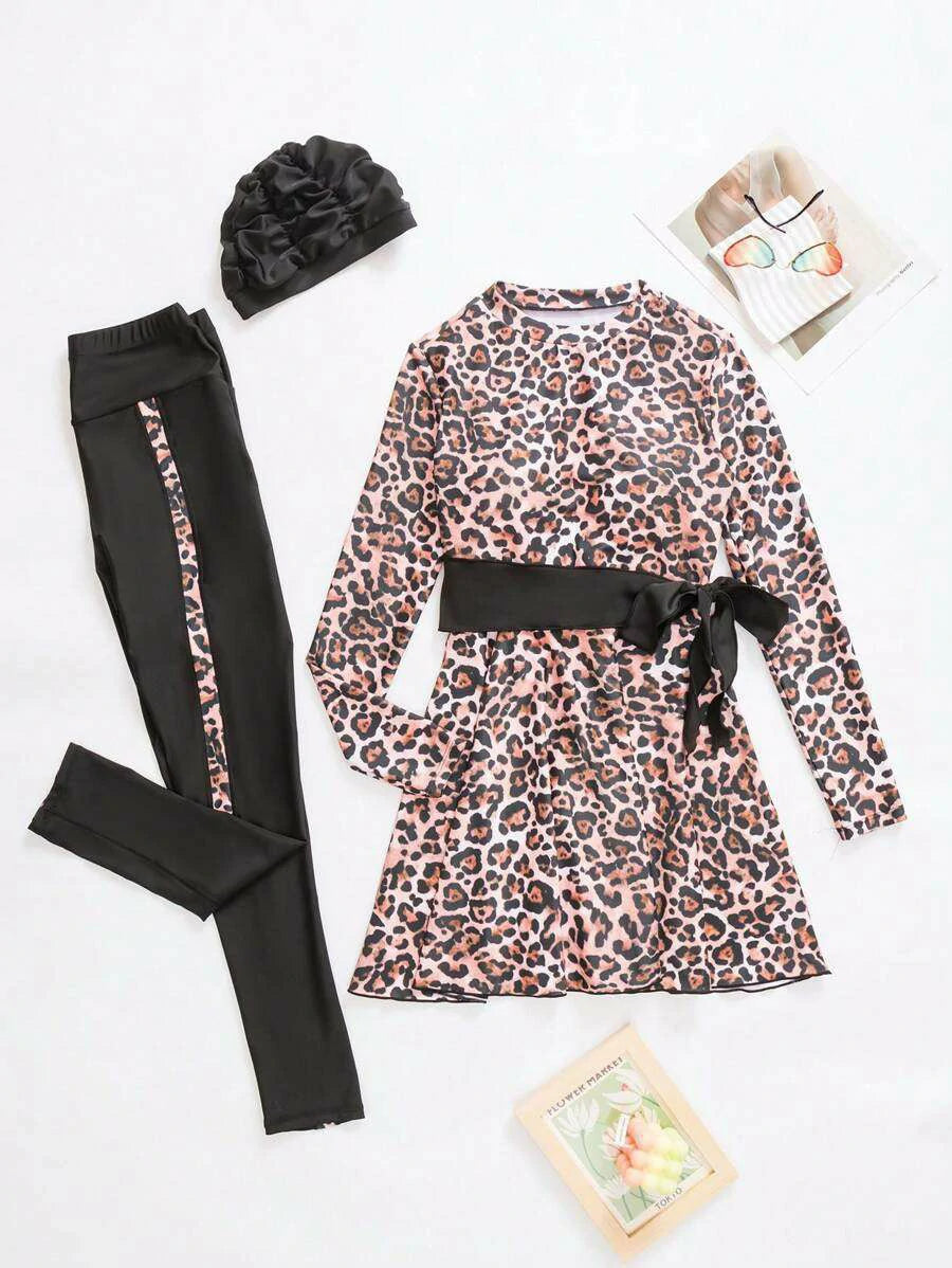 Shein - Leopard Print Long Sleeve Swim Shirt & Leggings Full Body Bikini Swimsuit With Cap