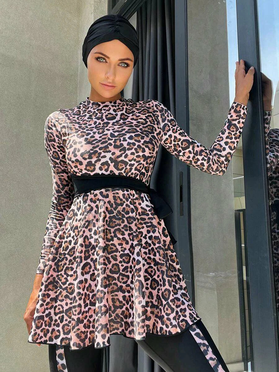 Shein - Leopard Print Long Sleeve Swim Shirt & Leggings Full Body Bikini Swimsuit With Cap