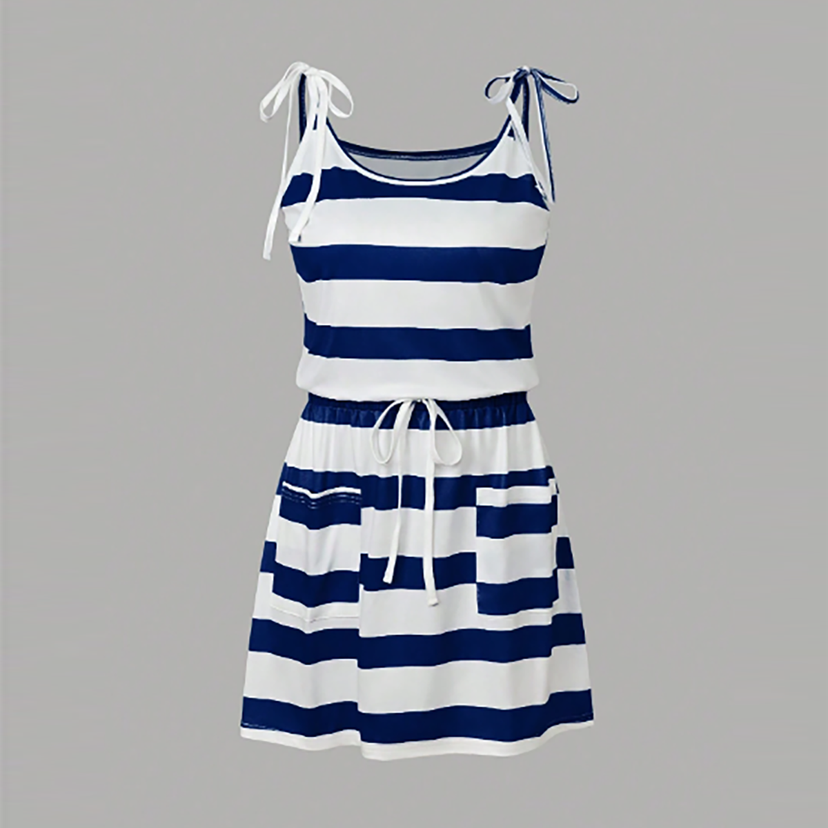 R-Shein - EMERY ROSE Summer Striped Sleeveless Dress with Drawstring Waist and Two Pockets