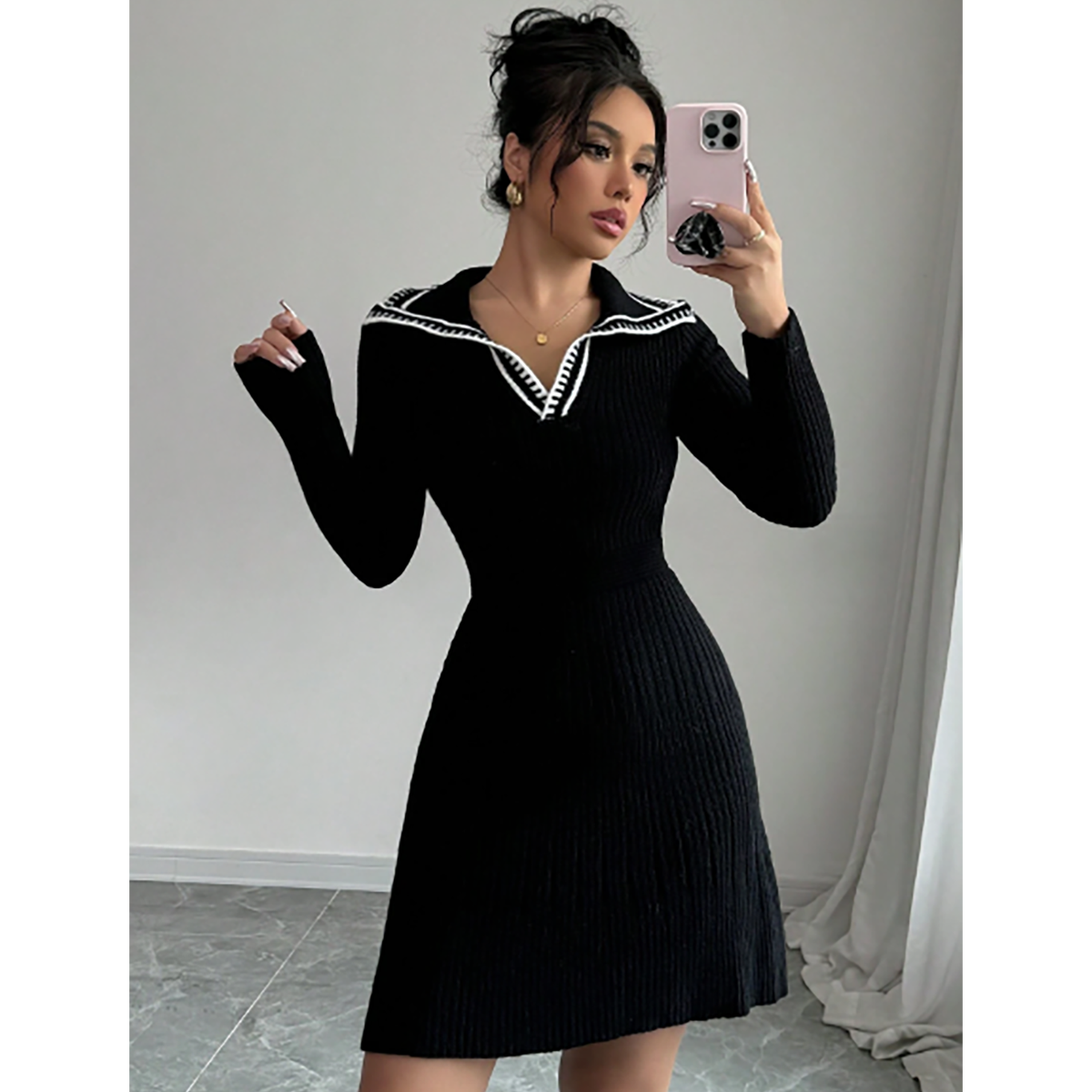 R-Shein - Elenzga Women's Casual Low Neck Contrast Zipper Belt Waist A Line Sweater Dress