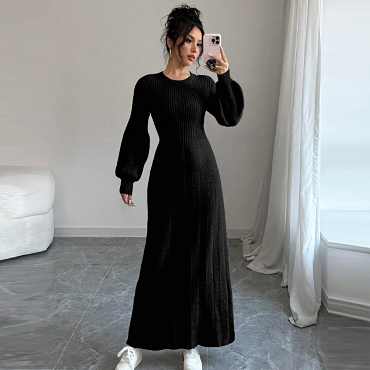 R-Shein - R-Shein Raffinéa Women's Long Sleeve Round Neck Sweater Dress Black Solid Color Loft Casual One Piece Sweater Dress