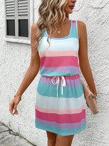 SHEIN LUNE Women's Summer Sleeveless U-Neck Waist Draw Cord Colorful Striped Print Casual Vacation Tank Dress