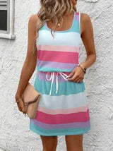 SHEIN LUNE Women's Summer Sleeveless U-Neck Waist Draw Cord Colorful Striped Print Casual Vacation Tank Dress