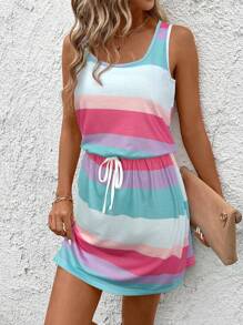 SHEIN LUNE Women's Summer Sleeveless U-Neck Waist Draw Cord Colorful Striped Print Casual Vacation Tank Dress