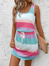 SHEIN LUNE Women's Summer Sleeveless U-Neck Waist Draw Cord Colorful Striped Print Casual Vacation Tank Dress