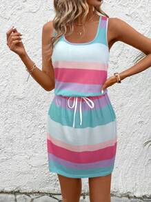 SHEIN LUNE Women's Summer Sleeveless U-Neck Waist Draw Cord Colorful Striped Print Casual Vacation Tank Dress