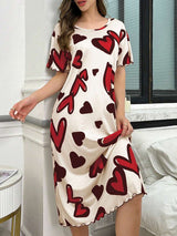 Shein - Heart Print Round Neck Casual Versatile Short Sleeve Nightgown