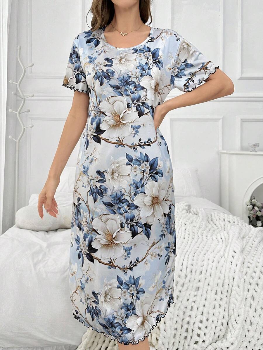 Shein - Floral Print T-Shirt Style Long Sleep Dress Pajama Dress PerfectSummer