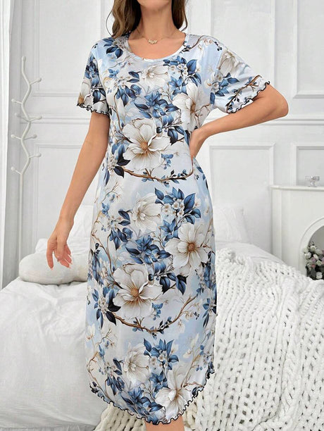 Shein - Floral Print T-Shirt Style Long Sleep Dress Pajama Dress PerfectSummer