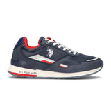 Navy blue sneaker with red and white accents on a white background