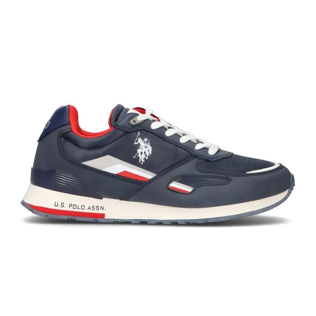 Navy blue sneaker with red and white accents on a white background