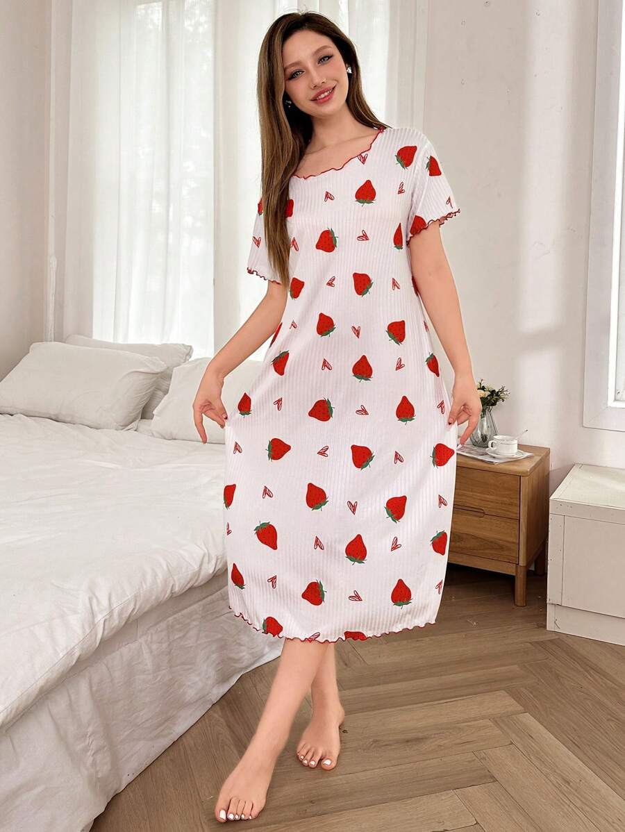 Shein - Dream Adore Casual Strawberry & Heart Print Short Sleeve Sleepshirt
