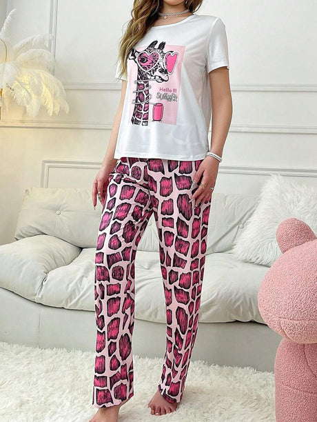 Shein - Short Sleeve And Long Pants Pajama Set With Cute Giraffe Print