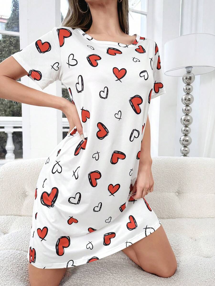 Shein - Heart Print Pajama Nightdress Bridallingerie