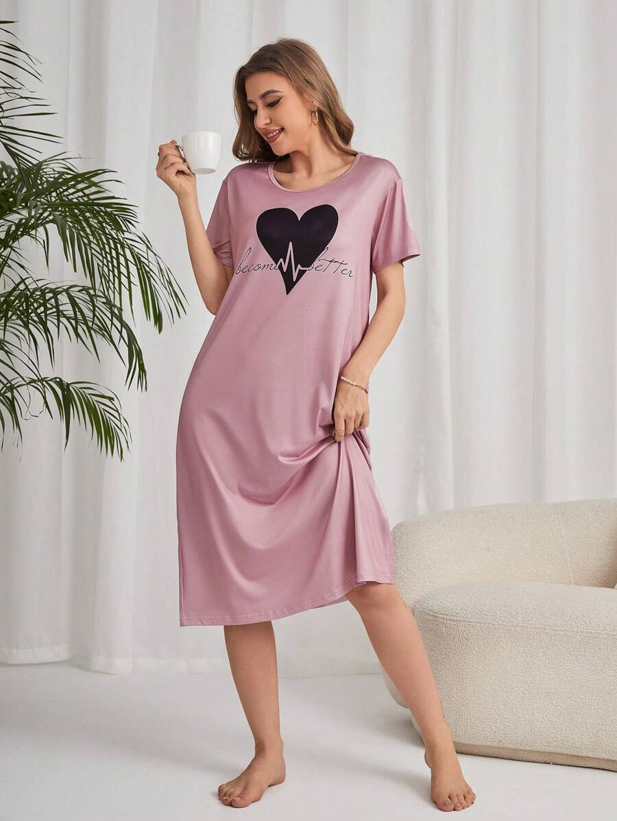 Shein - Heart & Slogan Graphic Pajama Nightdres