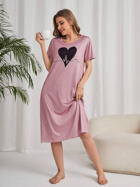 Shein - Heart & Slogan Graphic Pajama Nightdres