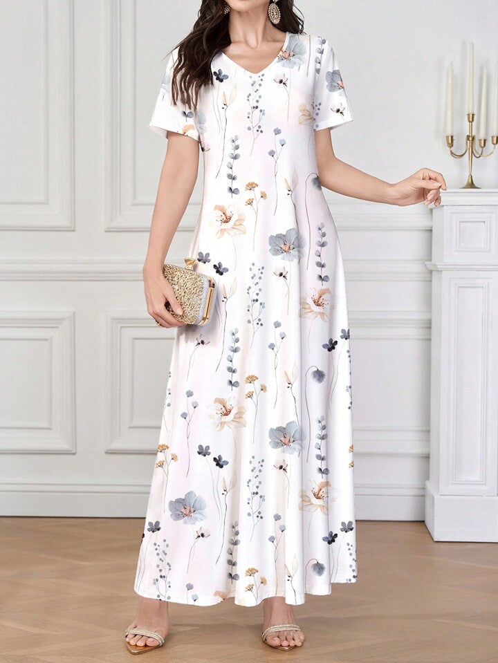 Shein - Mulvari Women Slim Fit White V-Neck Spring/Summer Knit Casual Short Sleeve Dress