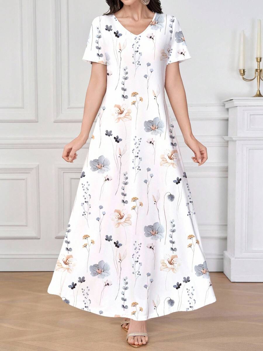 Shein - Mulvari Women Slim Fit White V-Neck Spring/Summer Knit Casual Short Sleeve Dress