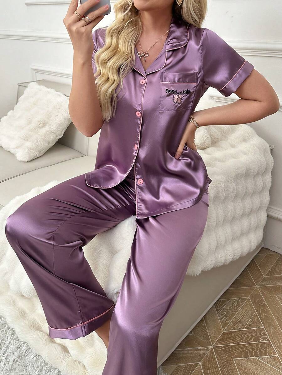 Shein - Color Block Border Lapel Collar Imitation Silk Pocket Embroidery Pajama Set With Open Front
