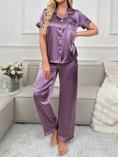 Shein - Color Block Border Lapel Collar Imitation Silk Pocket Embroidery Pajama Set With Open Front