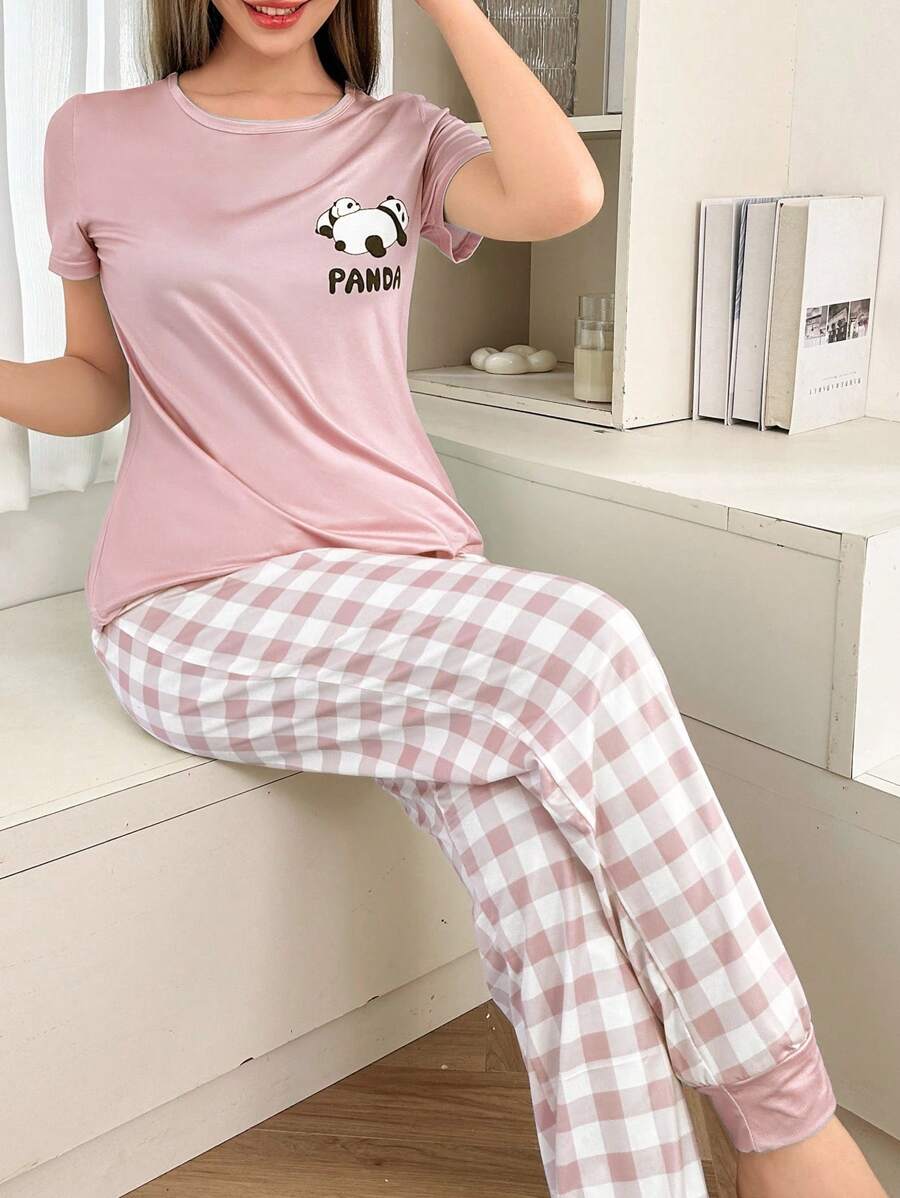 Shein - Dream Adore Panda Print Short Sleeve Top And Plaid Print Long Pants Pajama Set