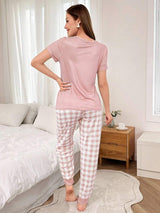 Shein - Dream Adore Panda Print Short Sleeve Top And Plaid Print Long Pants Pajama Set