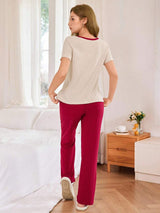 Shein - Casual Scoop Neck Pajama Pant Set In Rib-Knit With Letter Detail For Relaxed Nights Comfy Pajamas Set