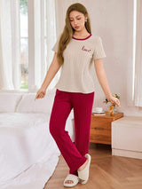 Shein - Casual Scoop Neck Pajama Pant Set In Rib-Knit With Letter Detail For Relaxed Nights Comfy Pajamas Set